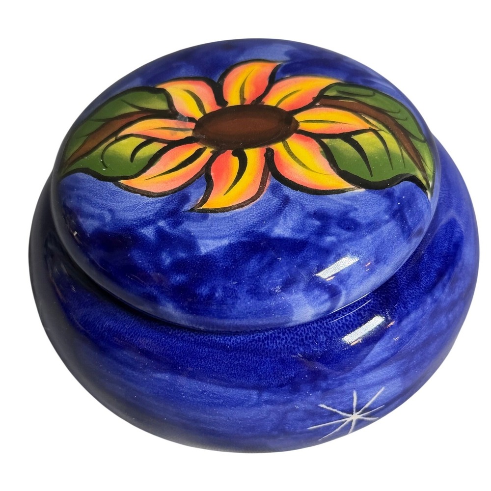 Hand Painted Ceramic Sunflower Trinket Box Blue Lidded Pottery Keepsake Jar